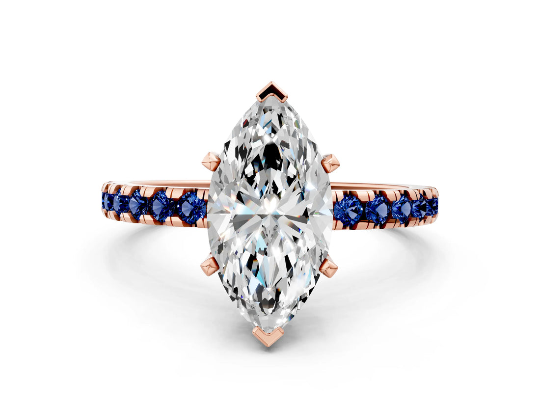 Rose gold Marquise Cut Diamond Solitaire Ring with Pavé Band and Four-Prong Setting