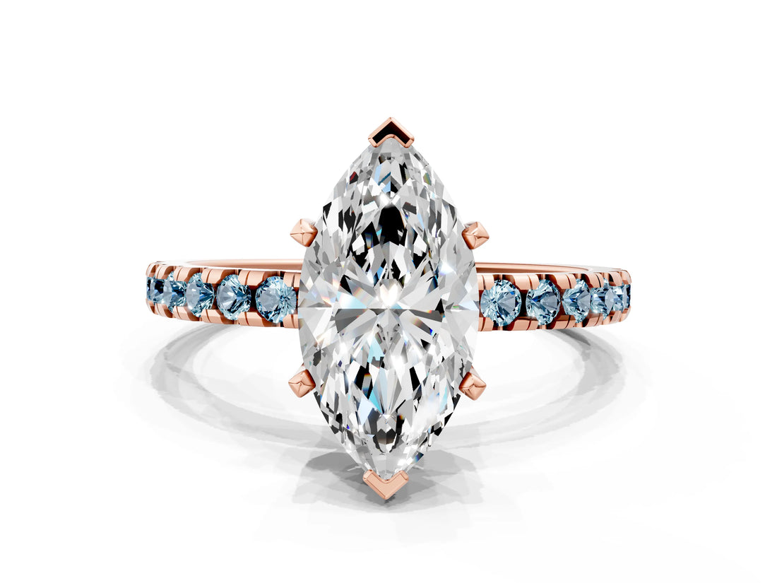 Rose gold Marquise Cut Diamond Solitaire Ring with Pavé Band and Four-Prong Setting