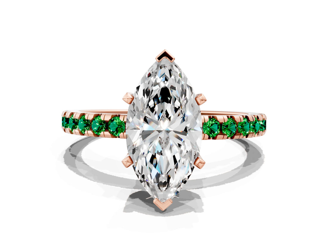 Rose gold Marquise Cut Diamond Solitaire Ring with Pavé Band and Four-Prong Setting