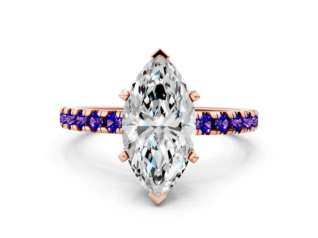 Rose gold Marquise Cut Diamond Solitaire Ring with Pavé Band and Four-Prong Setting