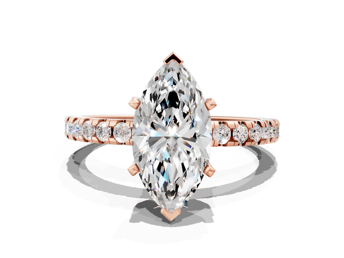 Rose gold Marquise Cut Diamond Solitaire Ring with Pavé Band and Four-Prong Setting