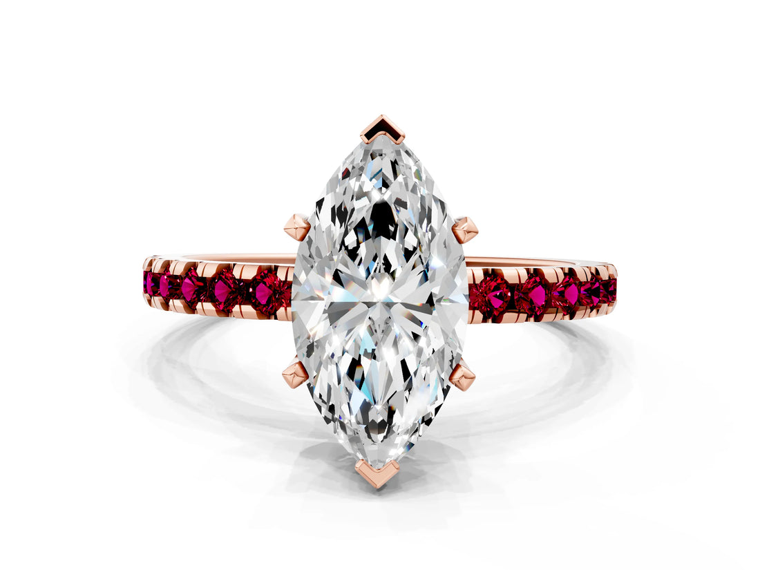 Rose gold Marquise Cut Diamond Solitaire Ring with Pavé Band and Four-Prong Setting