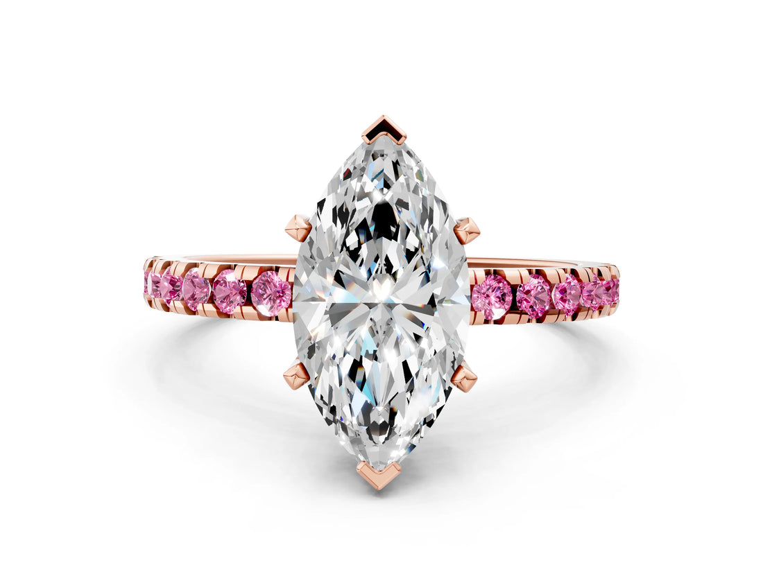 Rose gold Marquise Cut Diamond Solitaire Ring with Pavé Band and Four-Prong Setting