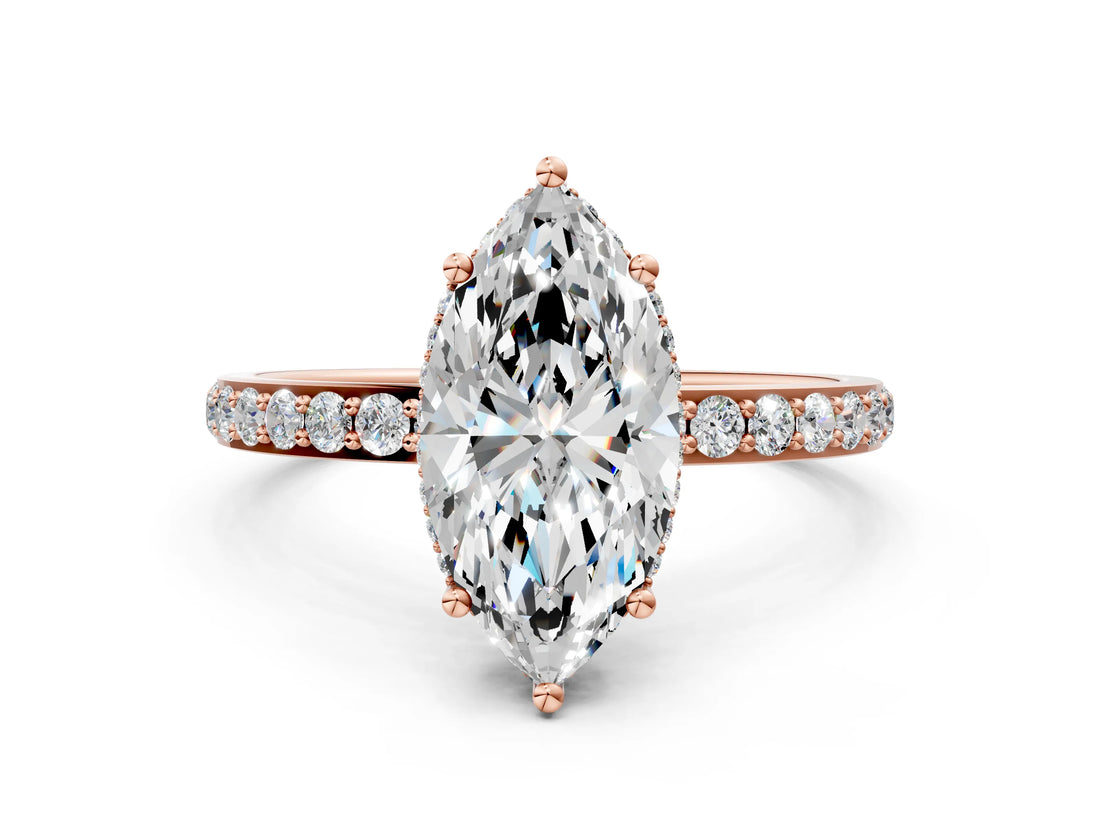 Rose gold Marquise Cut Diamond Solitaire Ring with Pavé Band and Hidden Halo_25