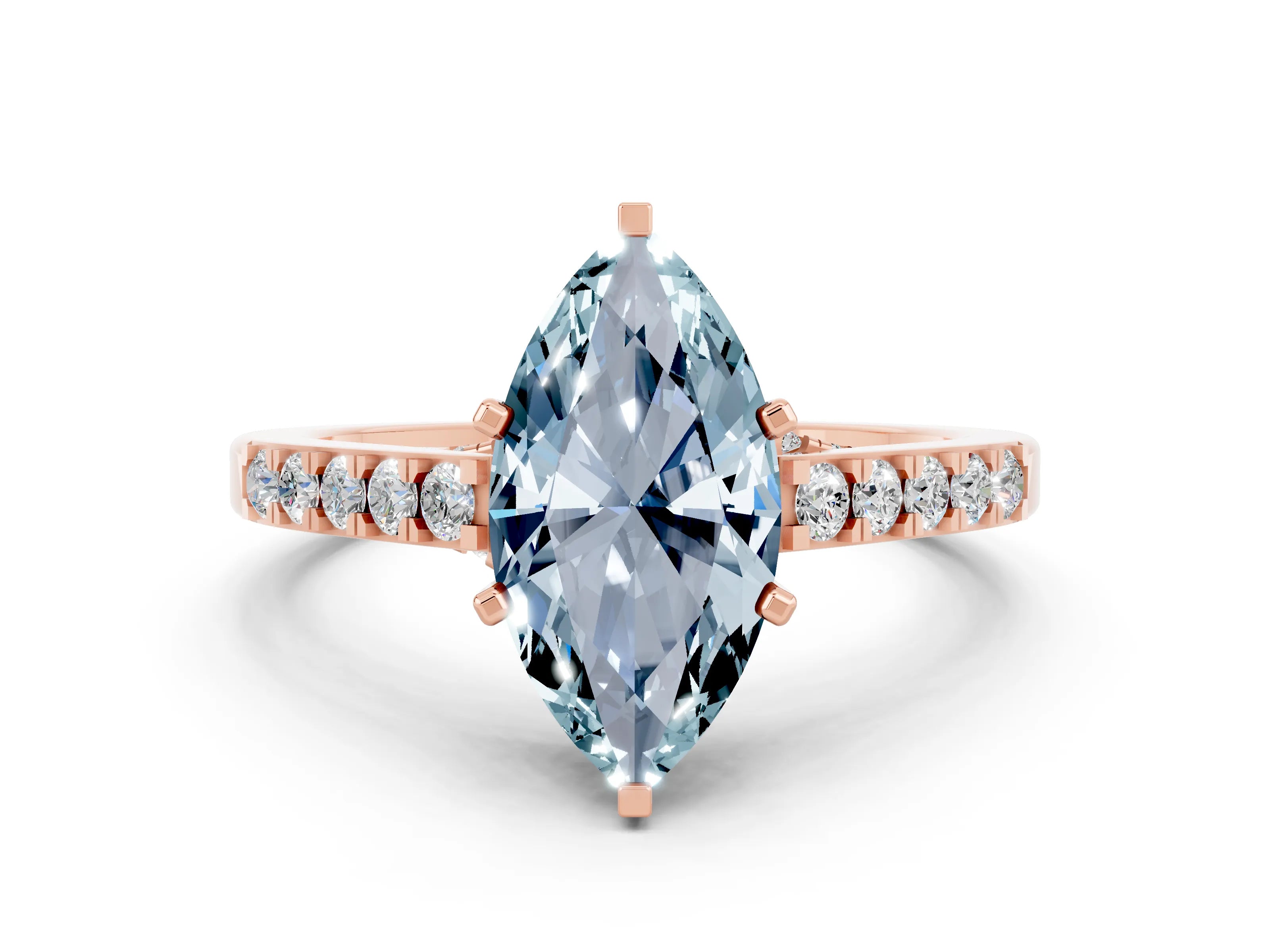 Rose gold Marquise Cut Diamond Solitaire Ring with Pavé Band and Prong Setting