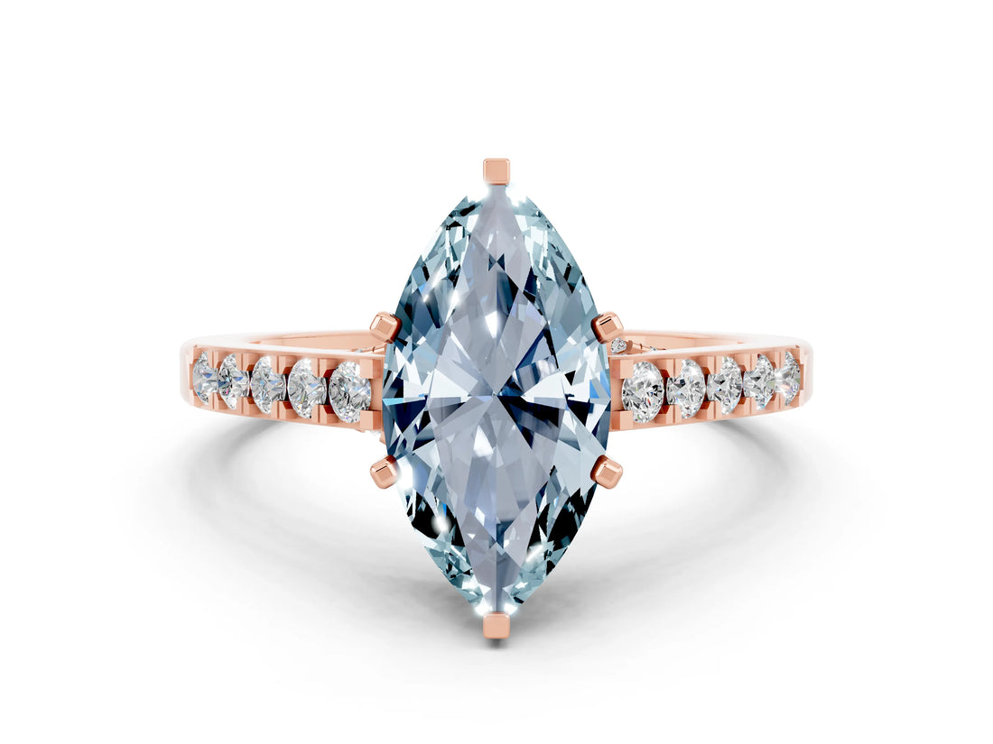 Rose gold Marquise Cut Diamond Solitaire Ring with Pavé Band and Prong Setting