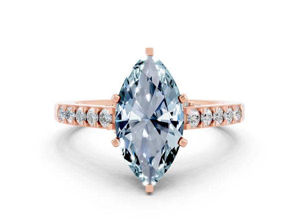 Rose gold Marquise Cut Aquamarine Solitaire Ring with Crossover Gallery and Round  Pavé Band