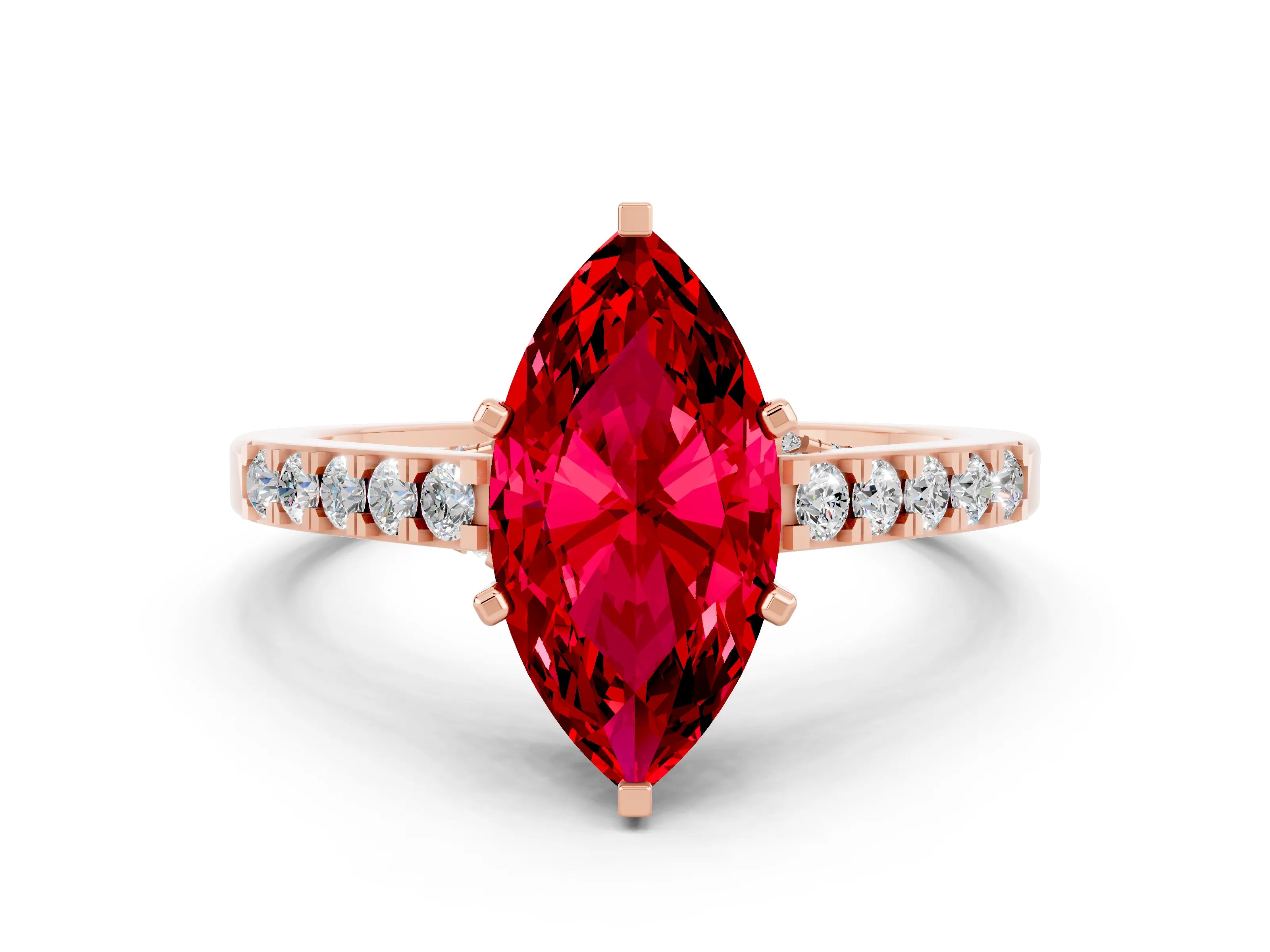 Rose gold Marquise Cut Diamond Solitaire Ring with Pavé Band and Prong Setting