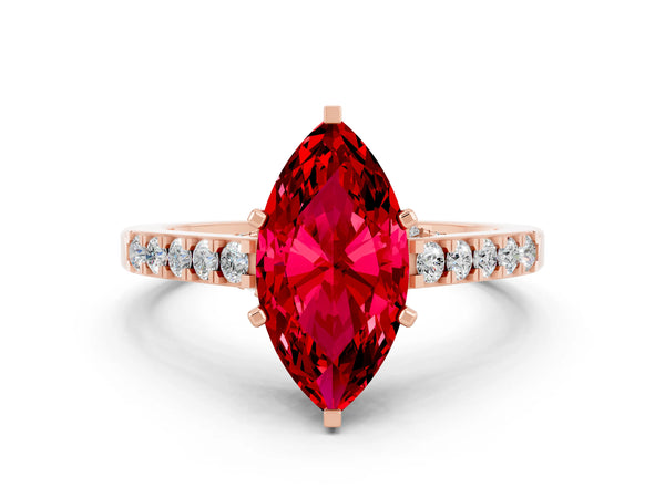 Rose gold Marquise Cut Ruby Solitaire Ring with Crossover Gallery and Round  Pavé Band
