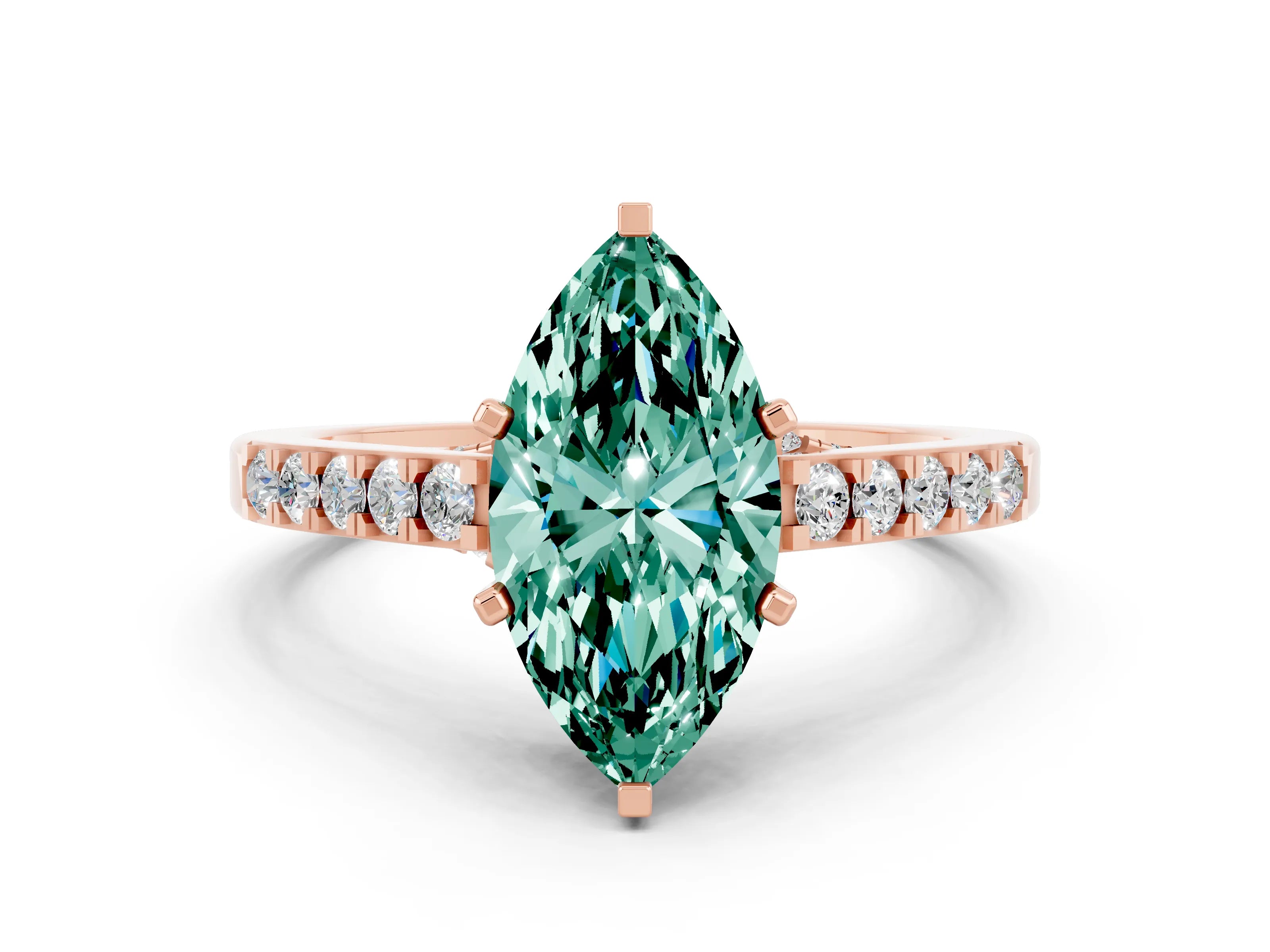 Rose gold Marquise Cut Diamond Solitaire Ring with Pavé Band and Prong Setting