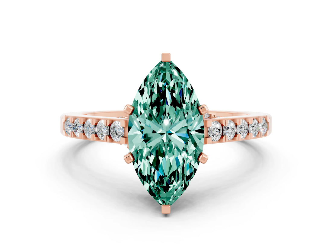 Rose gold Marquise Cut Diamond Solitaire Ring with Pavé Band and Prong Setting