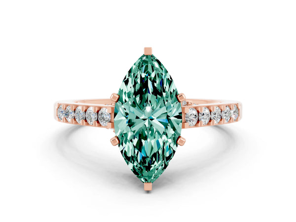 Rose gold Marquise Cut Green Sapphire Solitaire Ring with Crossover Gallery and Round  Pavé Band