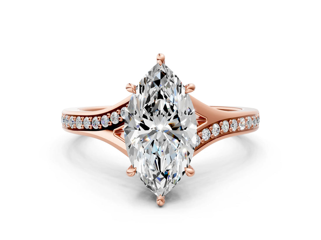 Rose gold Marquise Cut Diamond Solitaire Ring with Pavé Band and Prong Setting_12