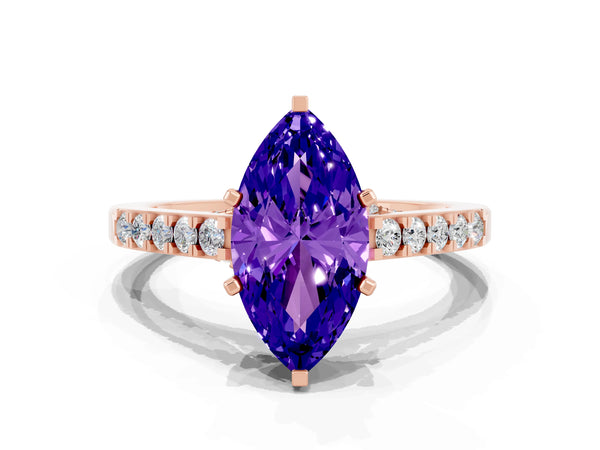 Rose gold Marquise Cut Tanzanite Solitaire Ring with Crossover Gallery and Round  Pavé Band