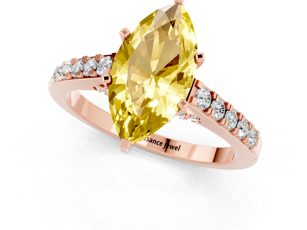 Rose gold Marquise Cut Yellow Sapphire Solitaire Ring with Crossover Gallery and Round  Pavé Band