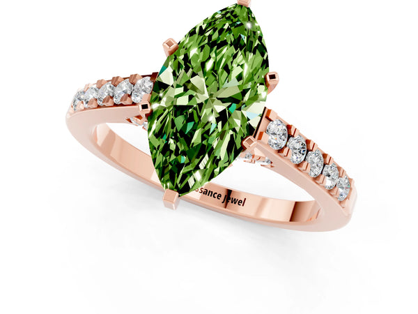 Rose gold Marquise Cut Peridot Solitaire Ring with Crossover Gallery and Round  Pavé Band