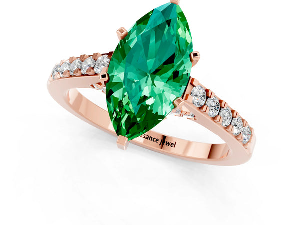 Rose gold Marquise Cut Emerald Solitaire Ring with Crossover Gallery and Round  Pavé Band