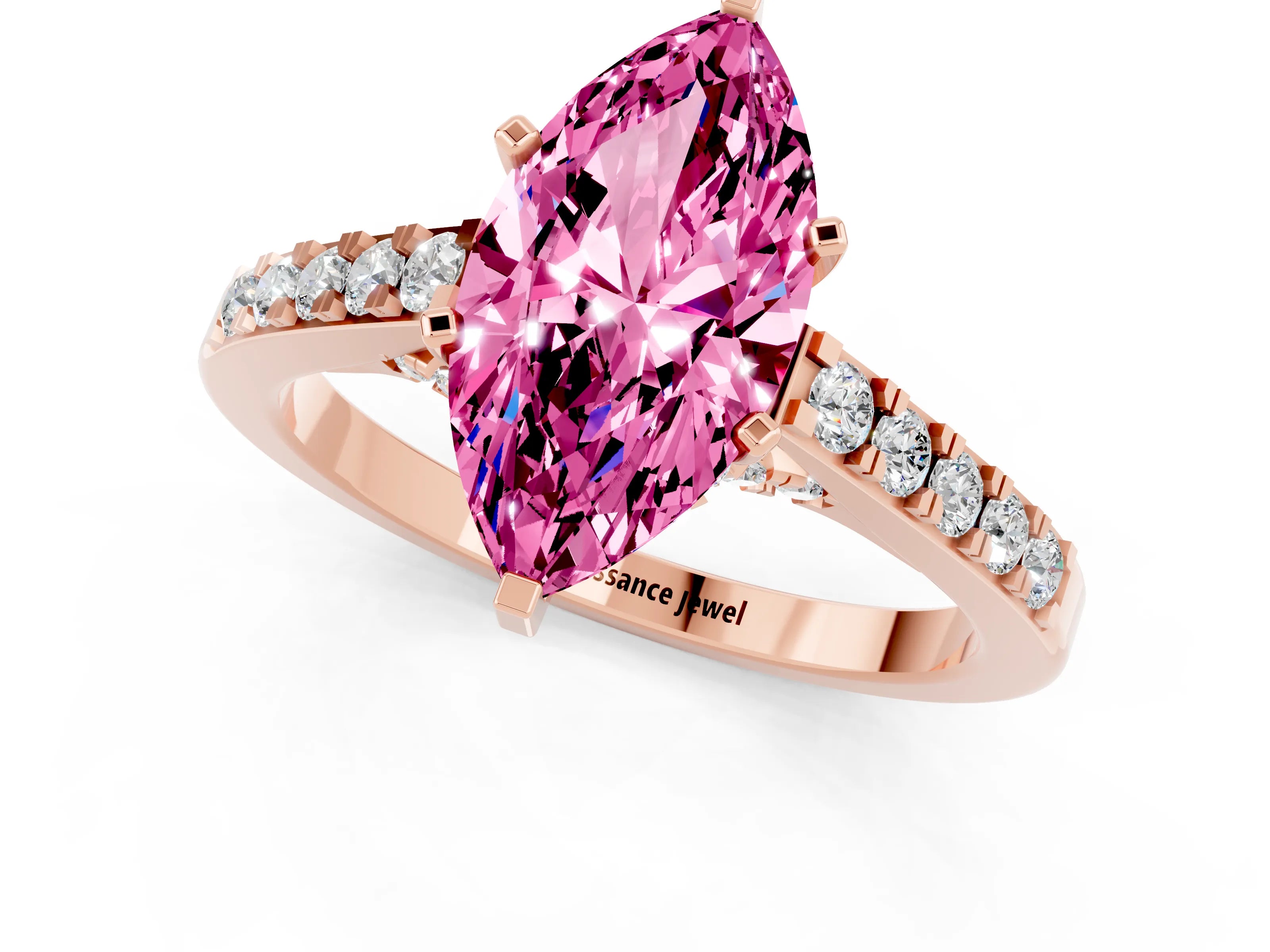 Rose gold Marquise Cut Diamond Solitaire Ring with Pavé Band and Prong Setting_1