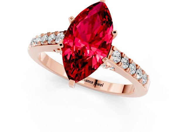 Rose gold Marquise Cut Ruby Solitaire Ring with Crossover Gallery and Round  Pavé Band