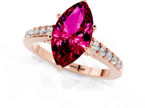 Rose gold Marquise Cut Garnet Solitaire Ring with Crossover Gallery and Round  Pavé Band