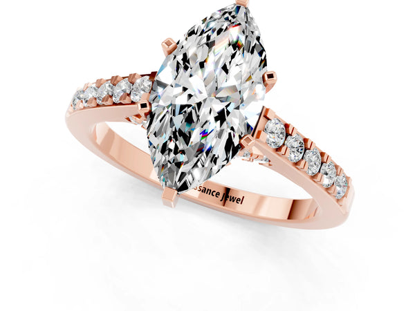 Rose gold Marquise Cut Moissanite Solitaire Ring with Crossover Gallery and Round  Pavé Band
