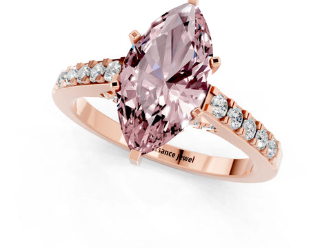 Rose gold Marquise Cut Diamond Solitaire Ring with Pavé Band and Prong Setting_1