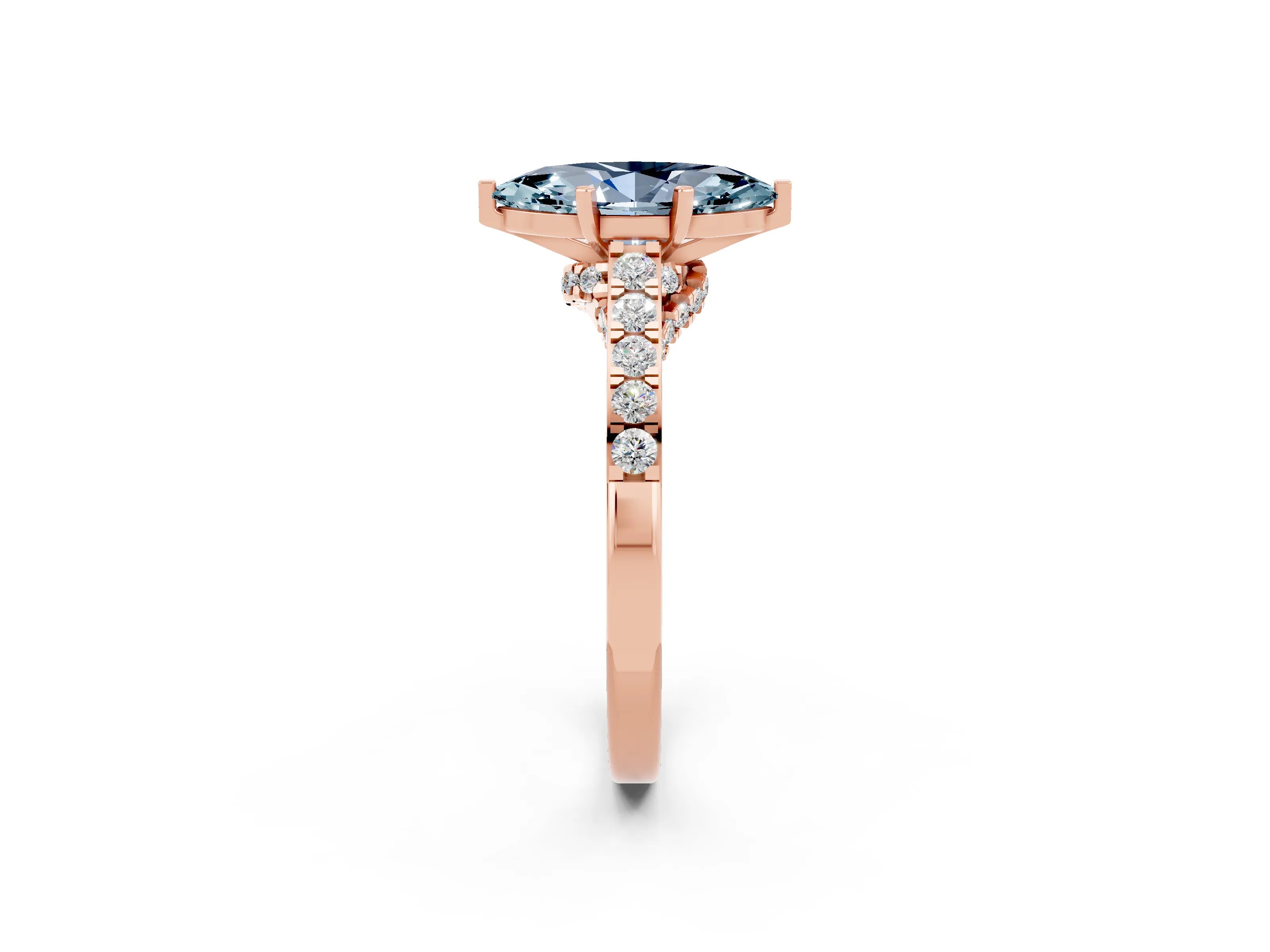 Rose gold Marquise Cut Diamond Solitaire Ring with Pavé Band and Prong Setting_2