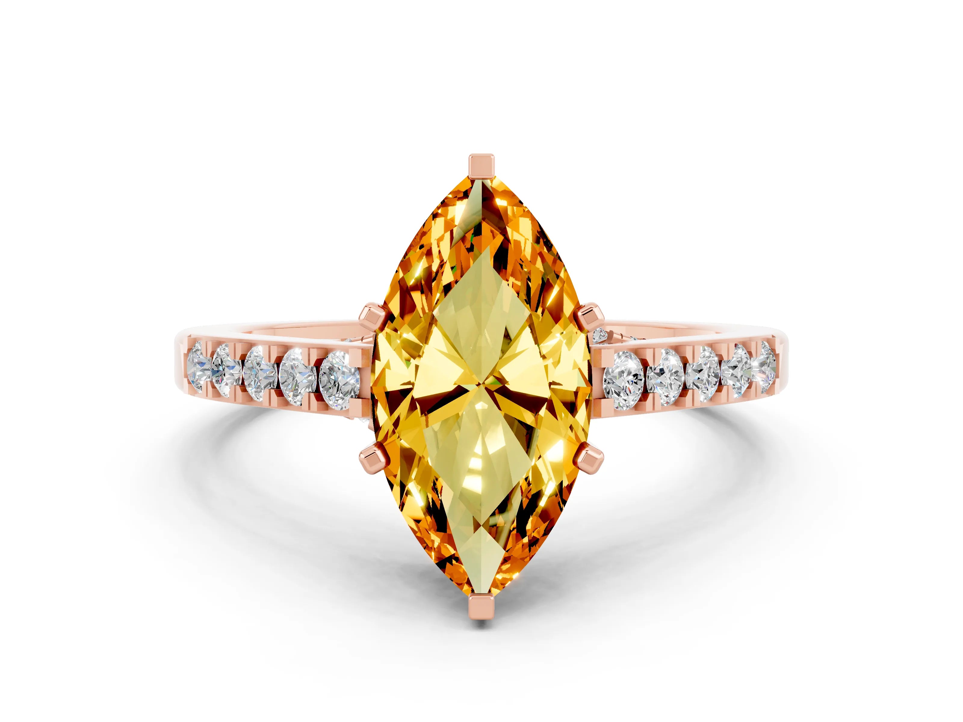 Rose gold Marquise Cut Diamond Solitaire Ring with Pavé Band and Prong Setting