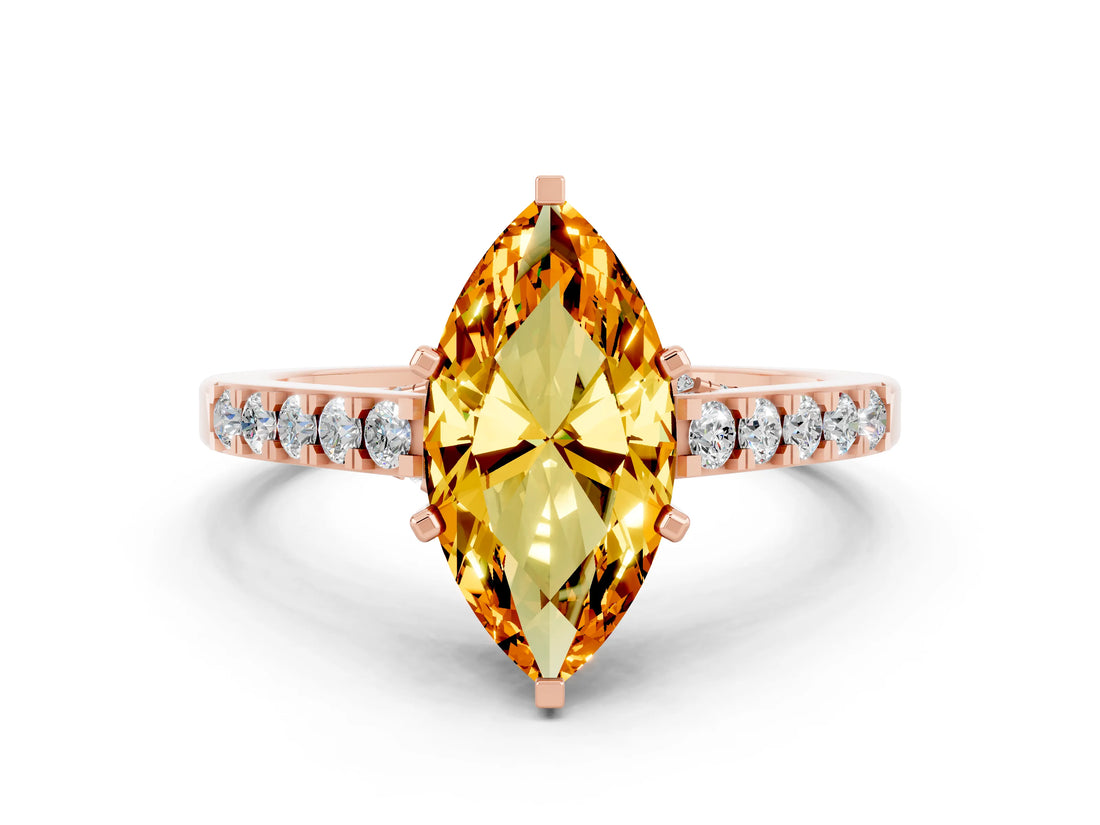 Rose gold Marquise Cut Diamond Solitaire Ring with Pavé Band and Prong Setting
