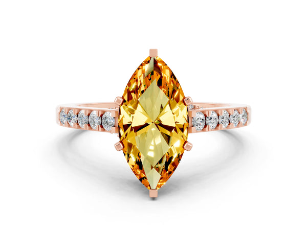 Rose gold Marquise Cut Citrine Solitaire Ring with Crossover Gallery and Round  Pavé Band