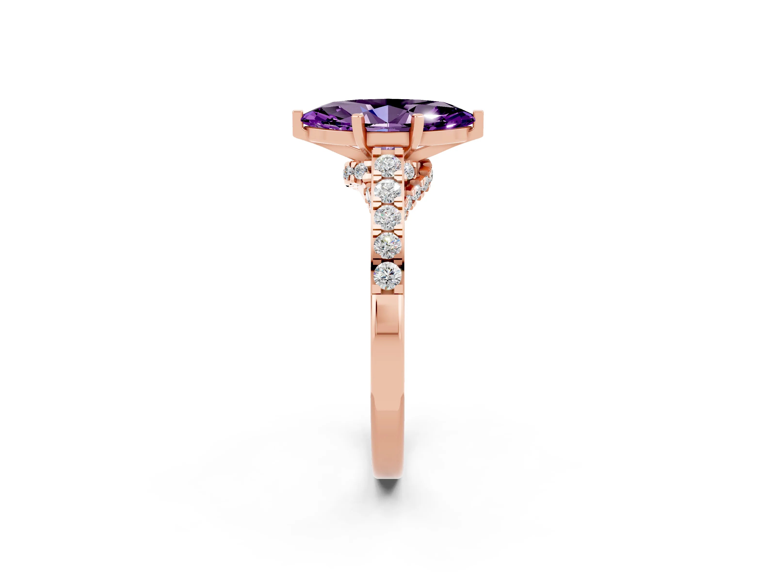 Rose gold Marquise Cut Diamond Solitaire Ring with Pavé Band and Prong Setting_2