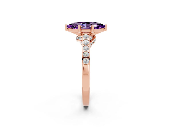 Rose gold Marquise Cut Amethyst Solitaire Ring with Crossover Gallery and Round  Pavé Band
