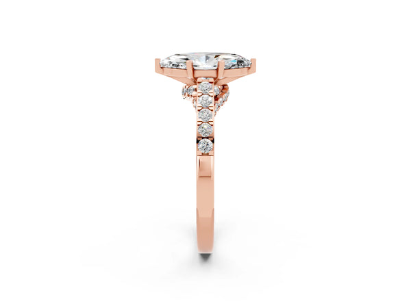 Rose gold Marquise Cut Moissanite Solitaire Ring with Crossover Gallery and Round  Pavé Band