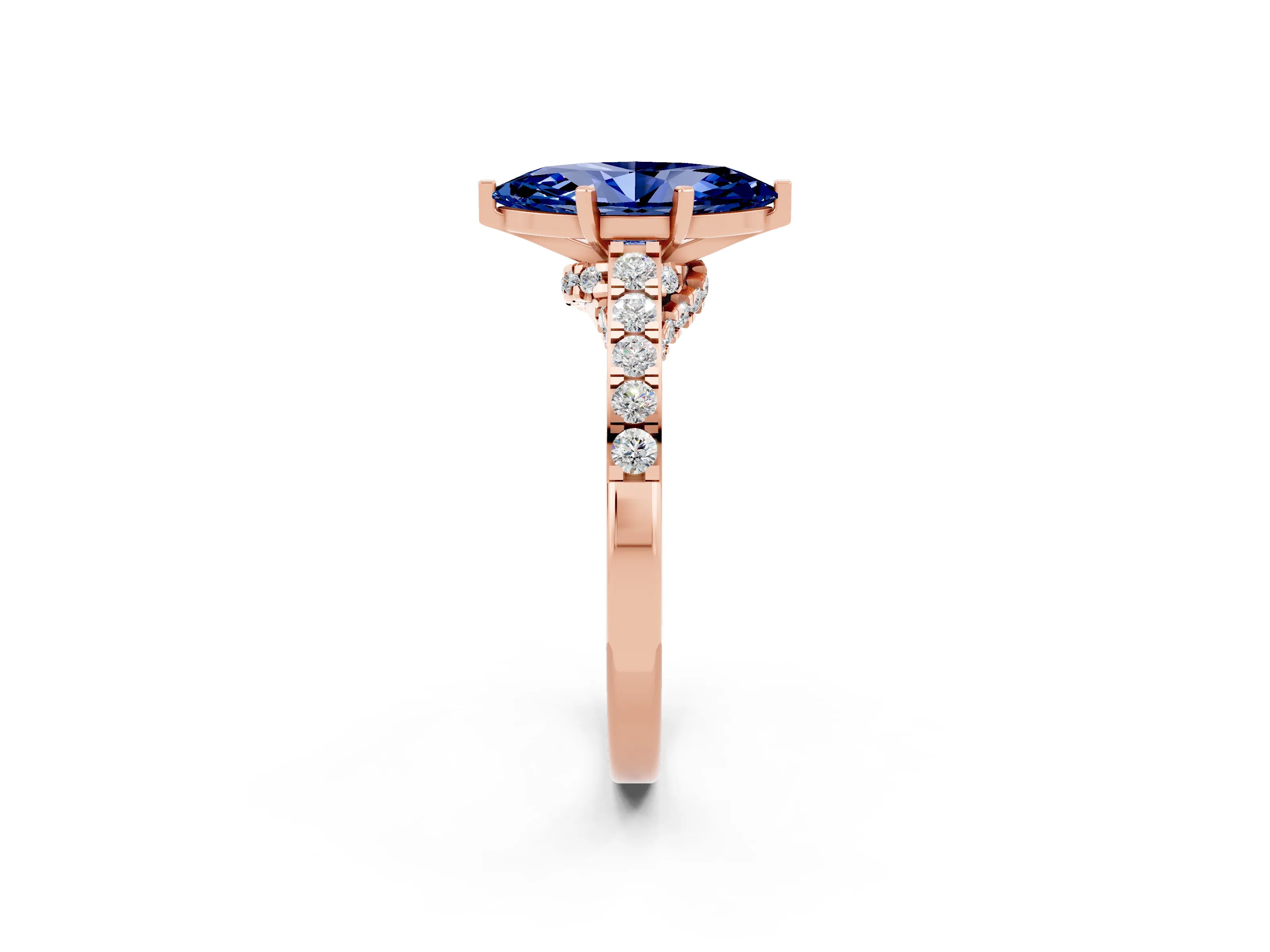 Rose gold Marquise Cut Diamond Solitaire Ring with Pavé Band and Prong Setting_2