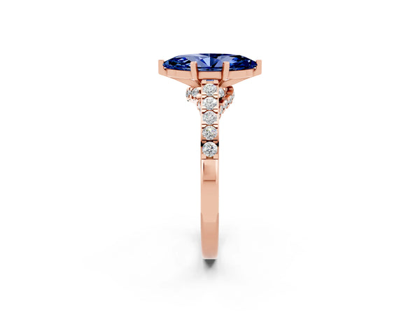 Rose gold Marquise Cut Blue Sapphire Solitaire Ring with Crossover Gallery and Round  Pavé Band