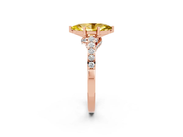 Rose gold Marquise Cut Yellow Sapphire Solitaire Ring with Crossover Gallery and Round  Pavé Band