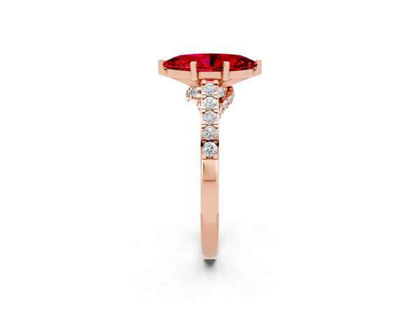 Rose gold Marquise Cut Ruby Solitaire Ring with Crossover Gallery and Round  Pavé Band