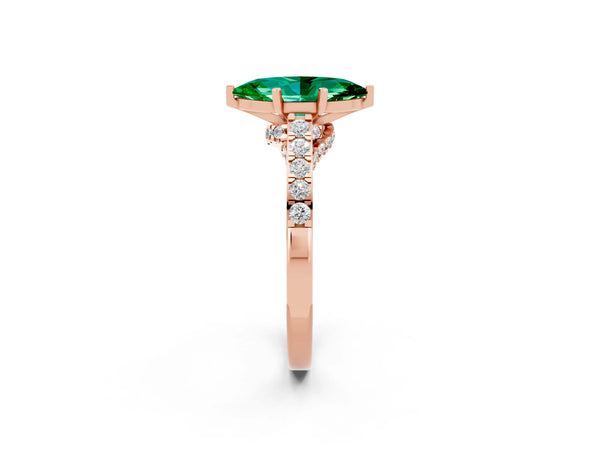 Rose gold Marquise Cut Emerald Solitaire Ring with Crossover Gallery and Round  Pavé Band