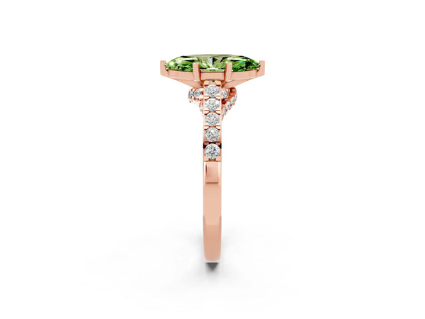 Rose gold Marquise Cut Peridot Solitaire Ring with Crossover Gallery and Round  Pavé Band