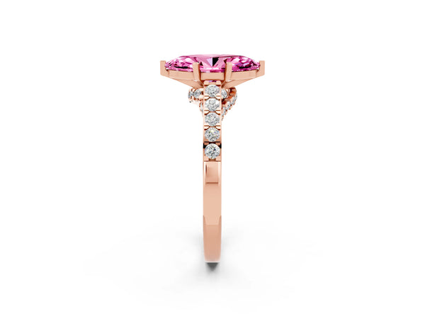 Rose gold Marquise Cut Pink Sapphire Solitaire Ring with Crossover Gallery and Round  Pavé Band