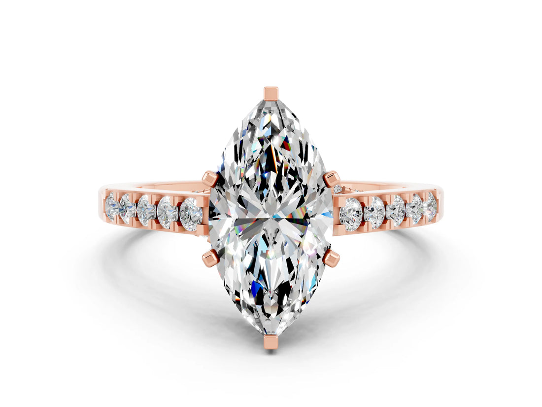 Rose gold Marquise Cut Diamond Solitaire Ring with Pavé Band and Prong Setting