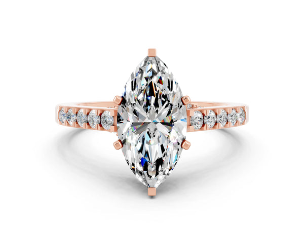Rose gold Marquise Cut Moissanite Solitaire Ring with Crossover Gallery and Round  Pavé Band