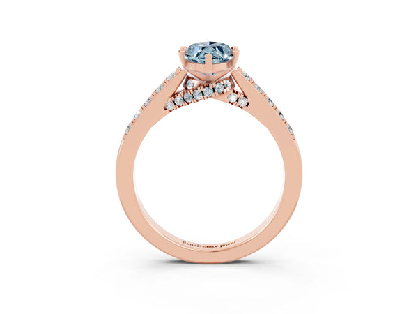 Rose gold Marquise Cut Aquamarine Solitaire Ring with Crossover Gallery and Round  Pavé Band