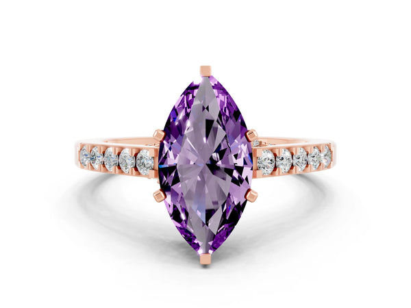 Rose gold Marquise Cut Amethyst Solitaire Ring with Crossover Gallery and Round  Pavé Band