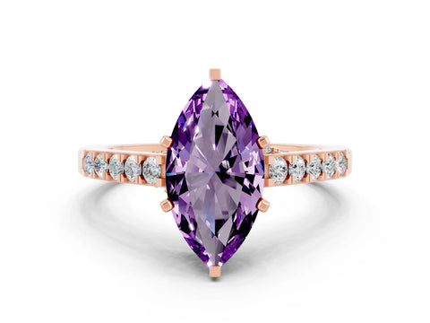Rose gold Marquise Cut Diamond Solitaire Ring with Pavé Band and Prong Setting