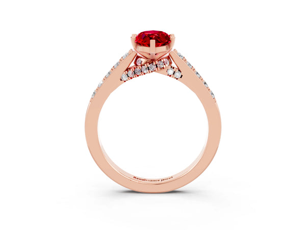 Rose gold Marquise Cut Ruby Solitaire Ring with Crossover Gallery and Round  Pavé Band