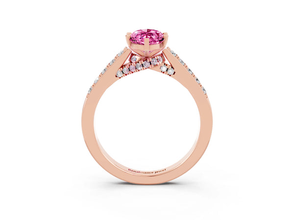 Rose gold Marquise Cut Pink Sapphire Solitaire Ring with Crossover Gallery and Round  Pavé Band