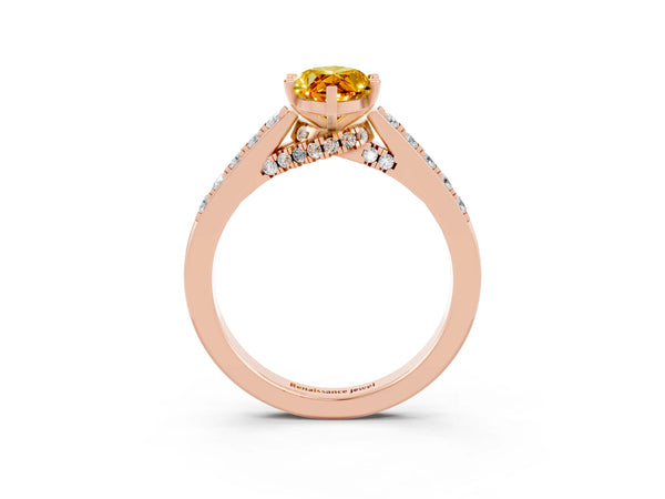 Rose gold Marquise Cut Citrine Solitaire Ring with Crossover Gallery and Round  Pavé Band