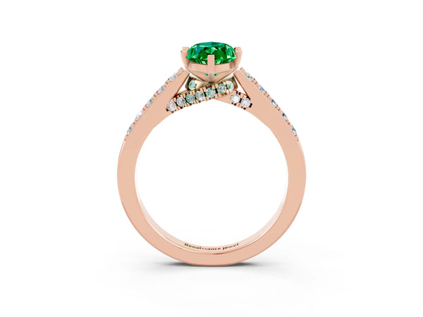 Rose gold Marquise Cut Emerald Solitaire Ring with Crossover Gallery and Round  Pavé Band
