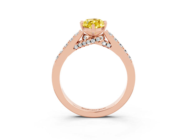 Rose gold Marquise Cut Yellow Sapphire Solitaire Ring with Crossover Gallery and Round  Pavé Band
